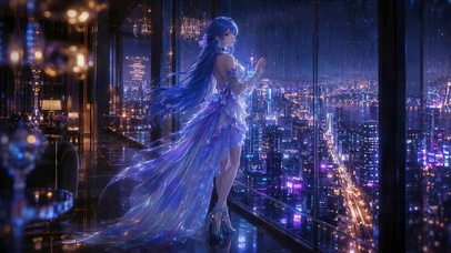 雨夜窗边蓝发礼服美少女