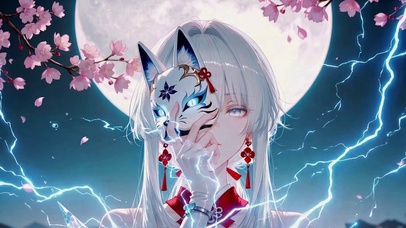 月下樱花狐面白发美少女