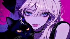 粉紫蓝瞳少女与黑猫