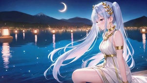 月夜湖畔银发美少女