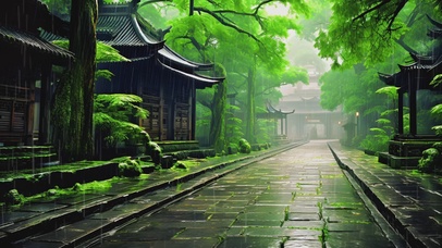 绿色护眼雨中古风街道