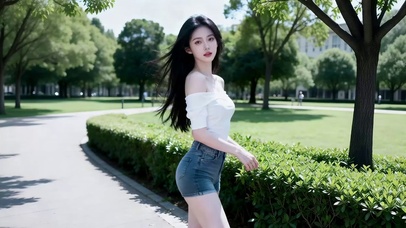 公园里蓝色牛仔短裤美女