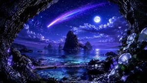 紫夜星空海岸流星满月