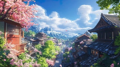 晴空白云日式小镇风景