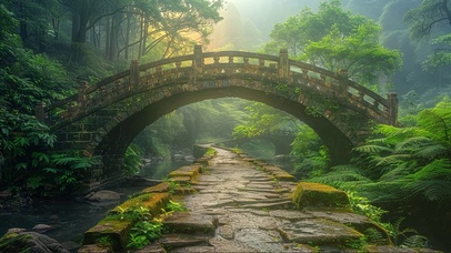 森林古老石拱桥