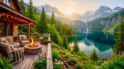 唯美高山湖边小屋