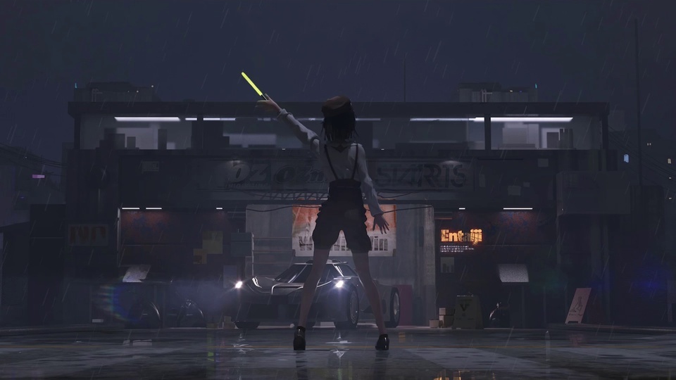 雨夜赛博朋克街景中，持黄色指挥棒的车模站在亮灯的银色科幻跑车旁，湿滑路面带着积水反光，背景是临街车库与霓虹招牌。