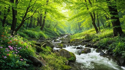 护眼清新绿林溪流