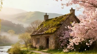 樱花树木房屋河流双屏