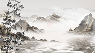 古风水墨画船夫河流竹子夕阳唯美