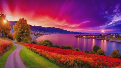 唯美湖边晚霞美景