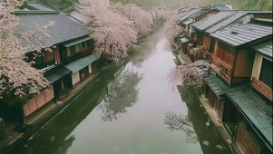 阴天河岸建筑静谧风景