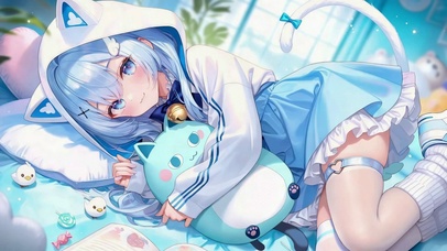 蓝发猫耳软萌二次元少女