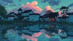 傍晚古风徽派建筑池塘