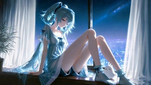 夜景窗边蓝发少女尤诺