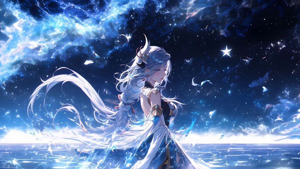 深空蓝调的横版二次元插画，银白长发、身着白蓝古风服饰的申鹤立于泛着冷光的海面上，上方是布满闪烁星光与淡星云的深蓝色夜空，左侧预留出大片适合放置桌面图标的留白区域。