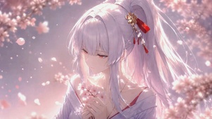 樱花树下的银发美少女
