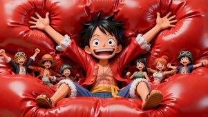 红色蹦蹦床上Q版路飞和小伙伴