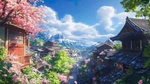晴空白云日式小镇风景