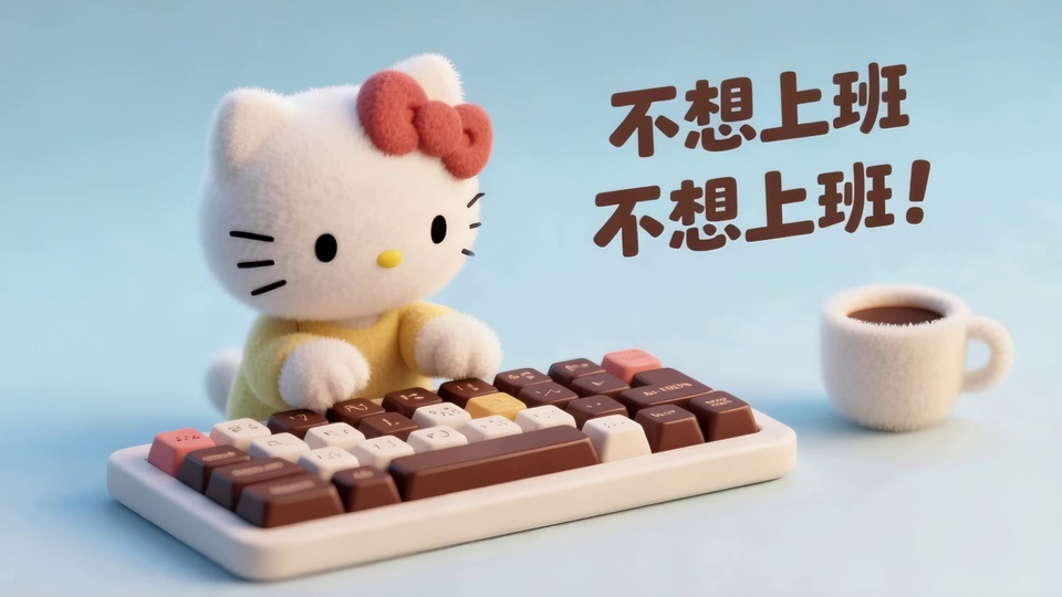 绒面白色戴红蝴蝶结小猫敲击巧克力键盘，旁边放着毛绒咖啡杯