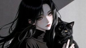 冷艳黑发少女与黑猫