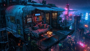 雨夜科幻城市小屋