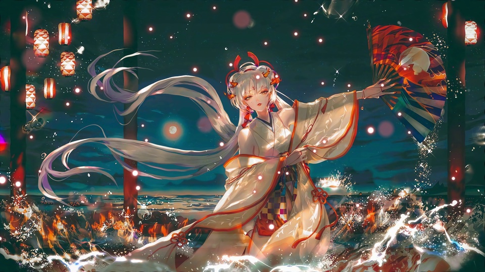 阴阳师角色不知火身着米白镶橙边和服，白紫渐变长发，手持绘日月纹样折扇立于翻涌水花的水面上，旁侧悬挂橙白格纹日式灯笼，暖橙灯火晕染深青蓝色夜海。