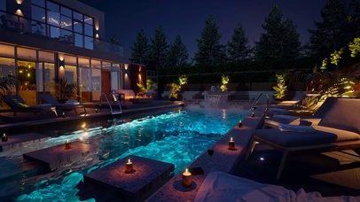 夜晚别墅的游泳池