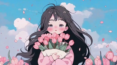 手捧郁金香的女孩