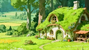 护眼绿景树木房屋带鱼屏