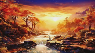 秋日黄昏郊外溪流美景