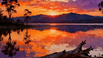油画夕阳树木带鱼屏