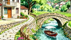 护眼房屋树木河流双屏