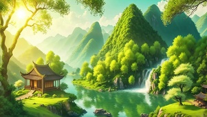 仙境山川河流木屋