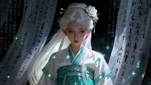 青纱水墨古风银发萝莉少女私语