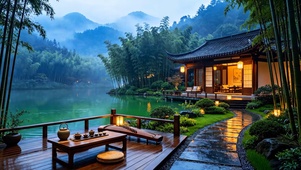  山水湖畔竹林木屋