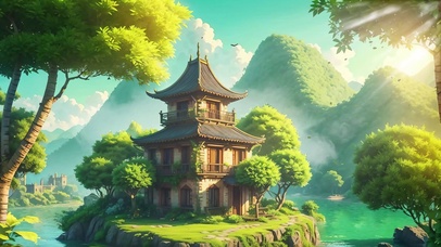 唯美治愈绿水青山古风山水建筑