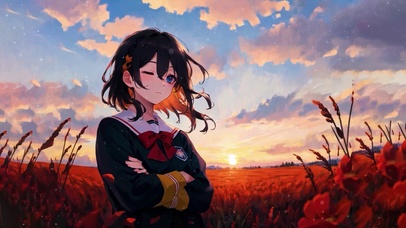 夕阳下花中的女孩