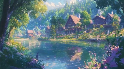 童话春日小镇唯美湖畔