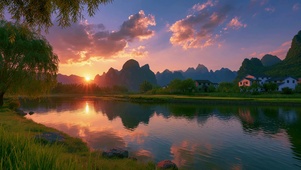 夕阳倒影晚霞风景