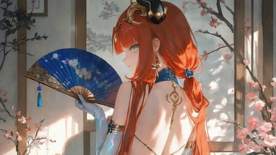 红发动漫少女侧身坐于和室窗边，手持带蓝色流苏的绘花折扇，周围环绕粉樱花枝，侧露带有金色纹饰的背部，暖调日系古风画面