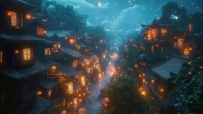 夜空静谧古城小镇灯火