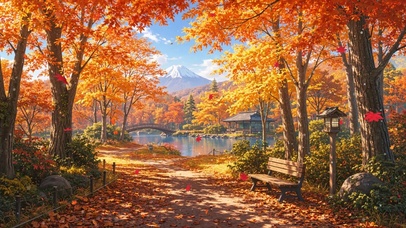 湖边秋林
