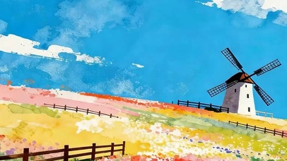 油画白云树木风景带鱼屏