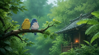 林间细雨小鸟相依
