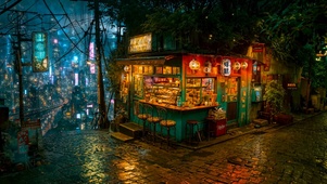 璀璨雨夜城市街角商店