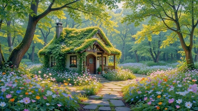 治愈林间花海童话小屋