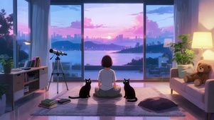 城市落日与猫