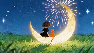 卡通小女孩和猫咪在月亮上看烟花