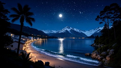 夜景海景树木房屋